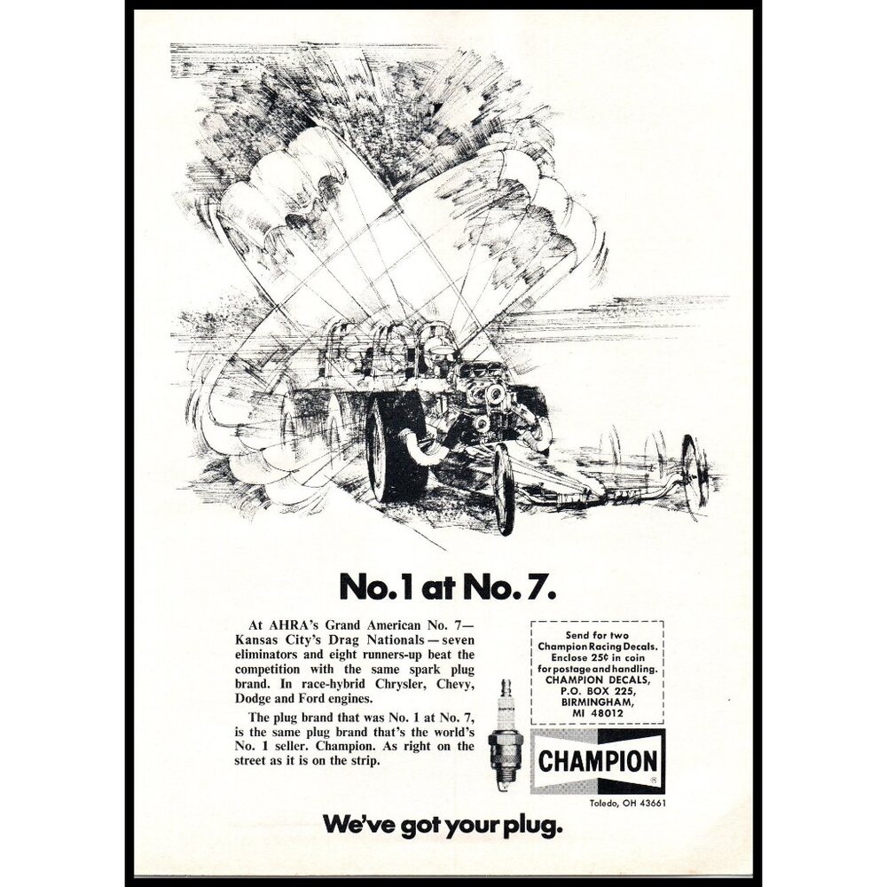 1974 Champion Spark Plug Vintage Print Ad AHRA Drag Race Car Drawing Wall Art